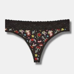 Torrid - Cotton Mid-Rise Thong Panty in Star Girl Tattoo Rich Black​​​​​